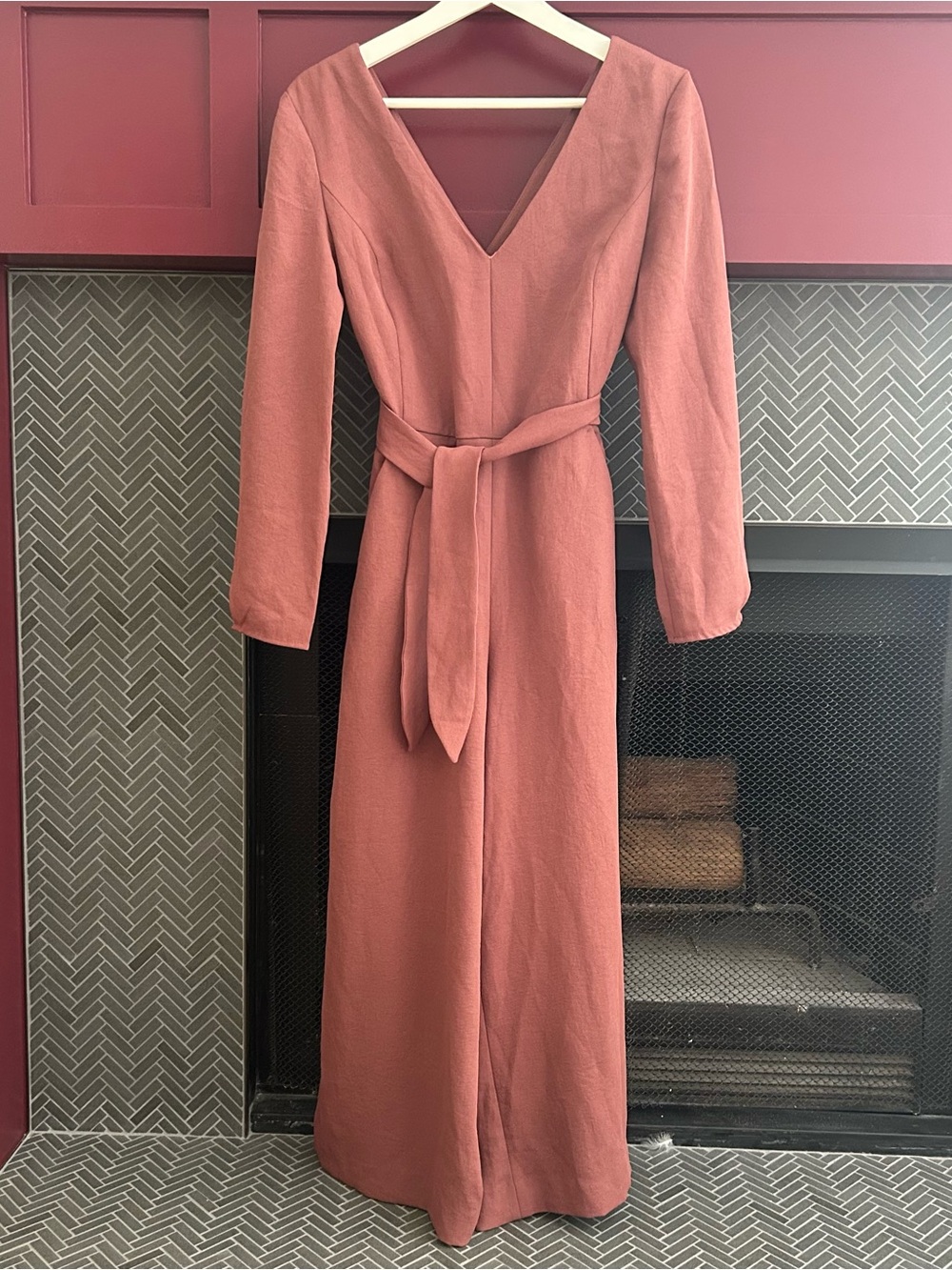 Aritzia Wilfred Copper V-Neck Belted Jumpsuit